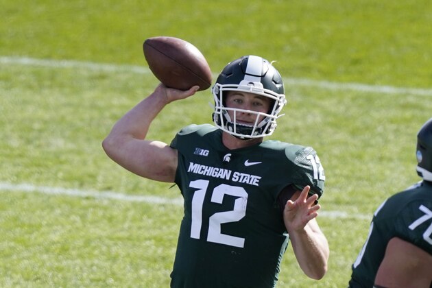 Michigan State quarterback Rocky Lombardi throws during the first half of an NCAA college football game against Rutgers, Saturday, Oct. 24, 2020, in East Lansing, Mich. (AP Photo/Carlos Osorio)