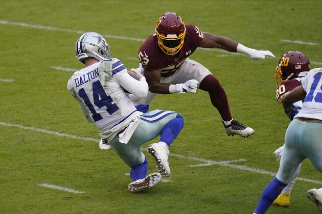 Dallas Cowboys quarterback Andy Dalton (14) sliding moments before getting hit late by Washington Football Team inside linebacker Jon Bostic (53) in the first half of an NFL football game, Sunday, Oct. 25, 2020, in Landover, Md. Dalton left the field after this play and Bostic was ejected from the game.(AP Photo/Patrick Semansky)