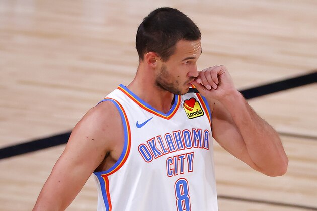 Oklahoma City Thunder's Danilo Gallinari reacts after his three-point basket during the first quarter of Game 2 of an NBA basketball first-round playoff series against the Houston Rockets, Thursday, Aug. 20, 2020, in Lake Buena Vista, Fla. (Kevin C. Cox/Pool Photo via AP)