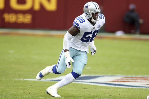 Dallas Cowboys defensive end Aldon Smith (58) in action during an NFL football game against the Washington Football Team, Sunday, Oct. 25, 2020 in Landover, Md. (AP Photo/Daniel Kucin Jr.)