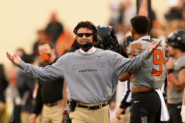 Oklahoma State head coach Mike Gundy gestures to an official during the last quarter of an NCAA college football game Saturday, Oct. 24, 2020, in Stillwater, Okla. (AP Photo/Brody Schmidt)
