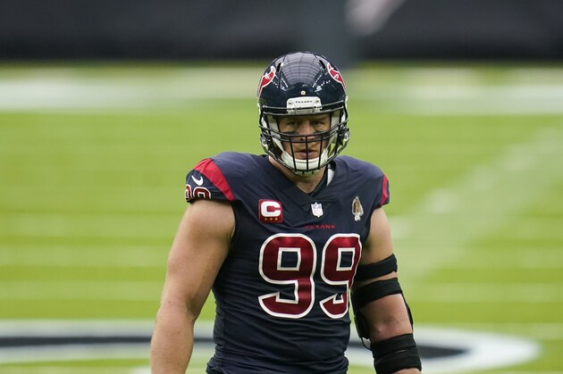 Houston Texans defensive end J.J. Watt (99) paces between plays during an NFL football game against the Green Bay Packers, Sunday, Oct. 11, 2020, in Houston. (AP Photo/Matt Patterson)
