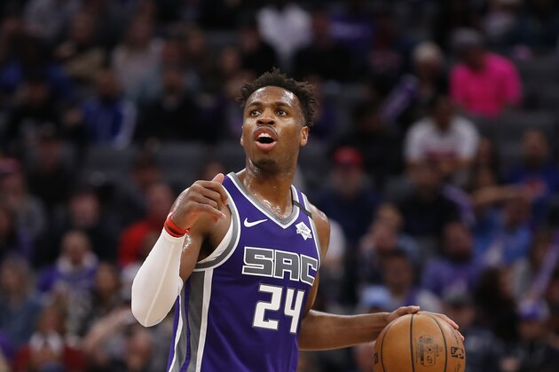 Sacramento Kings guard Buddy Hield dribbles down court during the second half of an NBA basketball game against the Toronto Raptors in Sacramento, Calif., Sunday, March 8, 2020. The Raptors won 118-113. (AP Photo/Rich Pedroncelli)