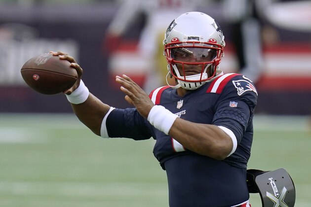 New England Patriots quarterback Cam Newton warms up before an NFL football game against the San Francisco 49ers, Sunday, Oct. 25, 2020, in Foxborough, Mass. (AP Photo/Charles Krupa)