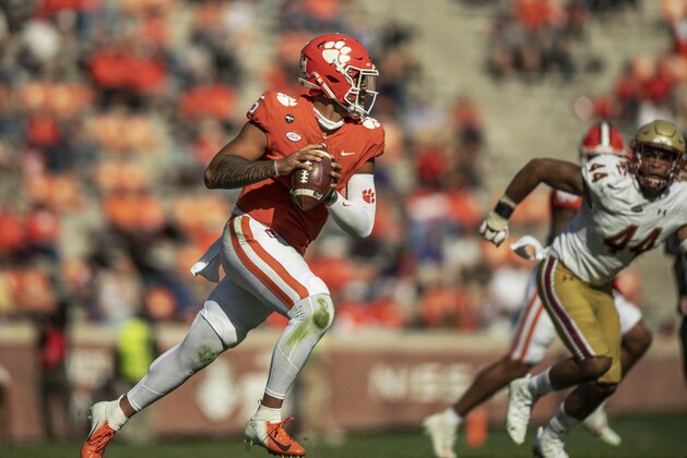 Clemson quarterback D.J. Uiagalelei (5) runs during the first half of an NCAA college football game against Boston College  Saturday, Oct. 31, 2020, in Clemson, S.C. (Josh Morgan/Pool Photo via AP)