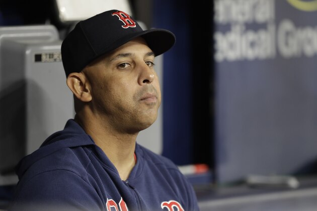 Boston Red Sox manager Alex Cora during the first inning of a baseball game against the Tampa Bay Rays Saturday, Sept. 21, 2019, in St. Petersburg, Fla. (AP Photo/Chris O'Meara)