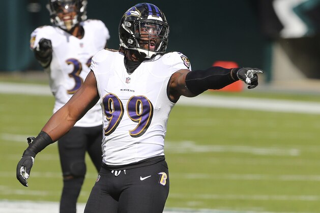 Baltimore Ravens' Matthew Judon (99) during an NFL football game against the Philadelphia Eagles, Sunday, Oct. 18, 2020, in Philadelphia. The Ravens defeated the Eagles 30-28. (AP Photo/Rich Schultz)