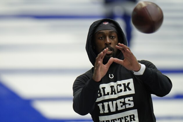 Indianapolis Colts' T.Y. Hilton makes a catch before an NFL football game against the Cincinnati Bengals, Sunday, Oct. 18, 2020, in Indianapolis. (AP Photo/AJ Mast)