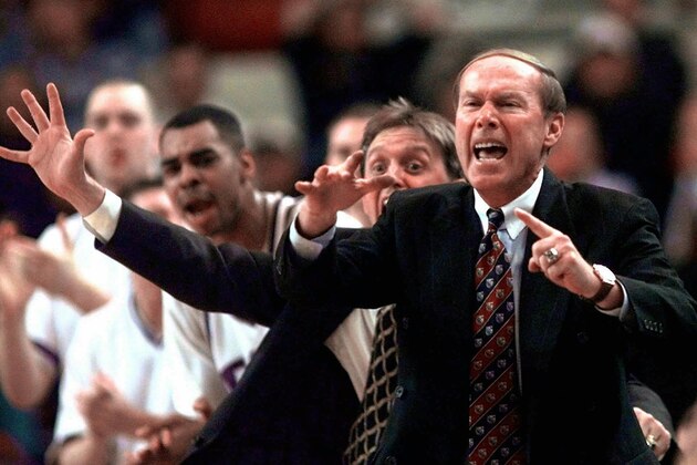 TCU head coach Billy Tubbs, front, and assistant coach Steve McClain shout instructions to their players during their opening round game Friday, March 13, 1998, in the NCAA Midwest Regional in Oklahoma City. Fifth-seeded TCU was upset by Florida State, 96-87. (AP Photo/John Gaps III)