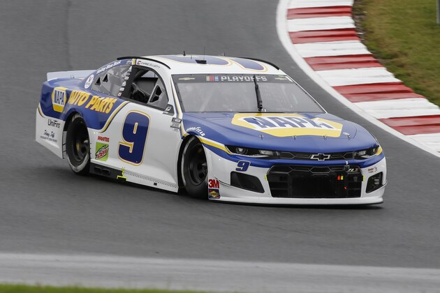 Chase Elliott (9) competes in a NASCAR Cup Series auto race at Charlotte Motor Speedway in Concord, N.C., Sunday, Oct. 11, 2020. (AP Photo/Nell Redmond)