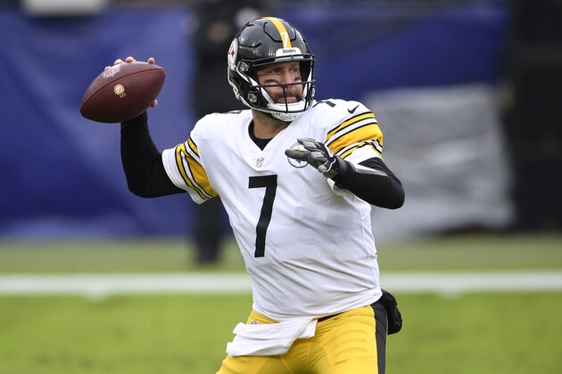 Pittsburgh Steelers quarterback Ben Roethlisberger looks to pass against the Baltimore Ravens during the first half of an NFL football game, Sunday, Nov. 1, 2020, in Baltimore. (AP Photo/Nick Wass)