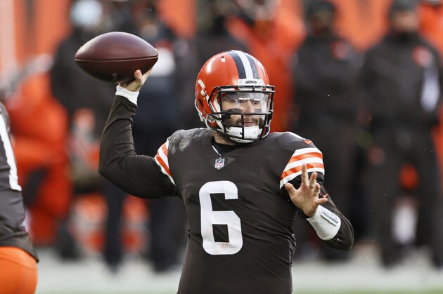 Cleveland Browns quarterback Baker Mayfield throws during the second half of an NFL football game against the Las Vegas Raiders, Sunday, Nov. 1, 2020, in Cleveland. (AP Photo/Ron Schwane)