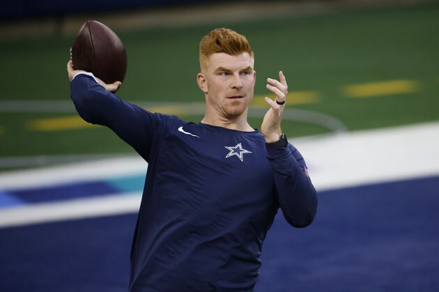Dallas Cowboys quarterback Andy Dalton warms up before an NFL football game against the Arizona Cardinals in Arlington, Texas, Monday, Oct. 19, 2020. (AP Photo/Ron Jenkins)