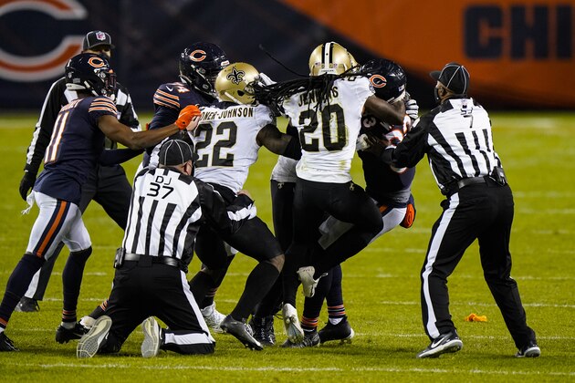 Chicago Bears wide receiver Javon Wims and New Orleans Saints cornerback Janoris Jenkins (20) fight in the second half of an NFL football game against the New Orleans Saints in Chicago, Sunday, Nov. 1, 2020. Wims was called for unnecessary roughness and was ejected from the game. (AP Photo/Nam Y. Huh)