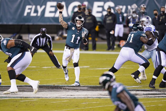 Philadelphia Eagles' Carson Wentz passes during the first half of an NFL football game against the Dallas Cowboys, Sunday, Nov. 1, 2020, in Philadelphia. (AP Photo/Chris Szagola)