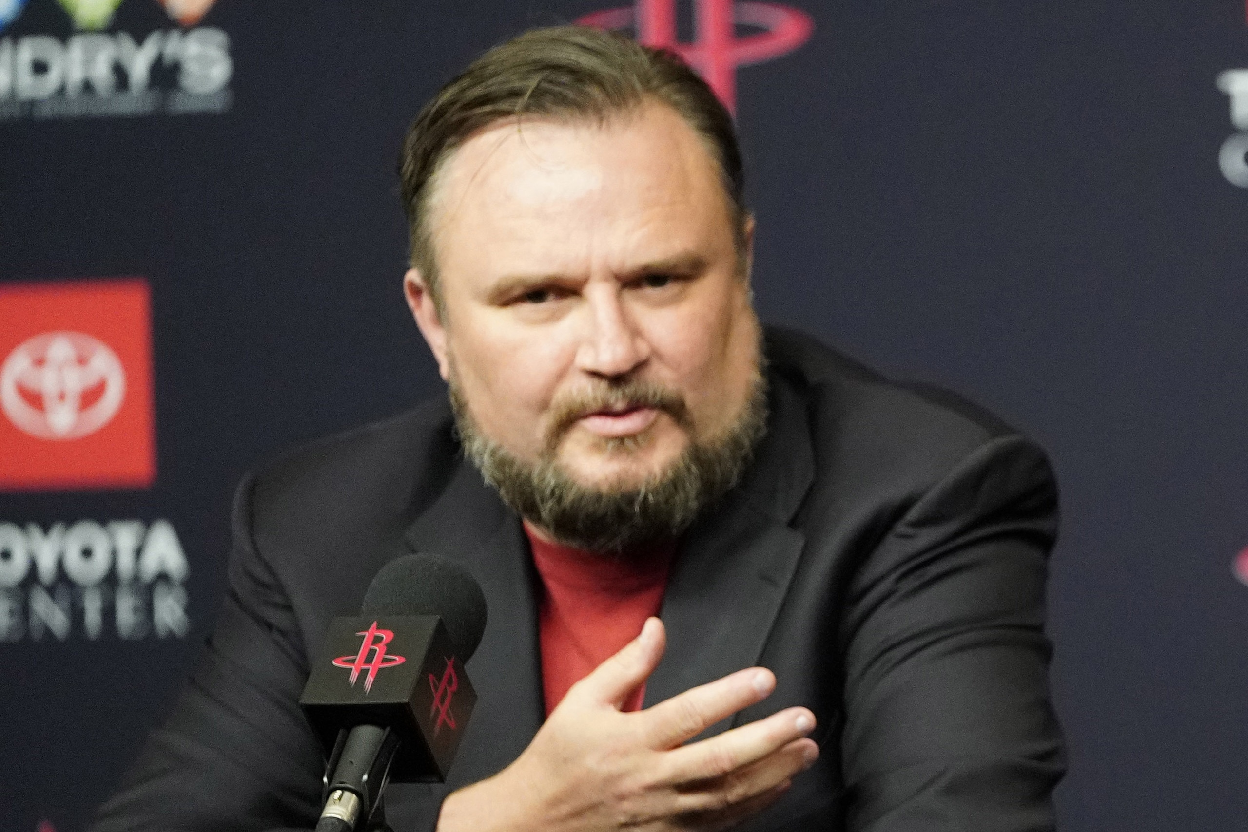 FILE - This is a July 26, 2019, file photo showing Houston Rockets General Manager Daryl Morey during an NBA basketball news conference in Houston. Rockets general manager Daryl Morey is stepping down on his own accord, a person familiar with the decision told The Associated Press. The person spoke on condition of anonymity Thursday, Oct. 15, 2020, because the move hasnâ€™t been announced. (AP Photo/David J. Phillip, File)