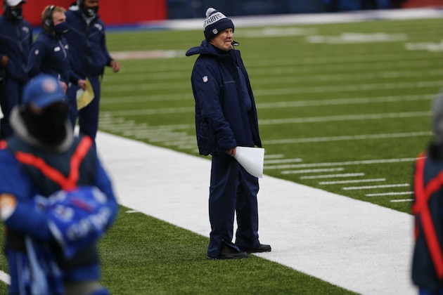 New England Patriots' Bill Belichick reacts during the second half of an NFL football game against the Buffalo Bills Sunday, Nov. 1, 2020, in Orchard Park, N.Y. (AP Photo/John Munson)