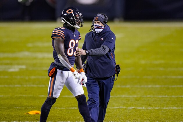 Chicago Bears wide receiver Javon Wims (83) talks with head coach Matt Nagy after being flagged for unnecessary roughness in the second half of an NFL football game against the New Orleans Saints in Chicago, Sunday, Nov. 1, 2020. Wims was ejected from the game. (AP Photo/Nam Y. Huh)