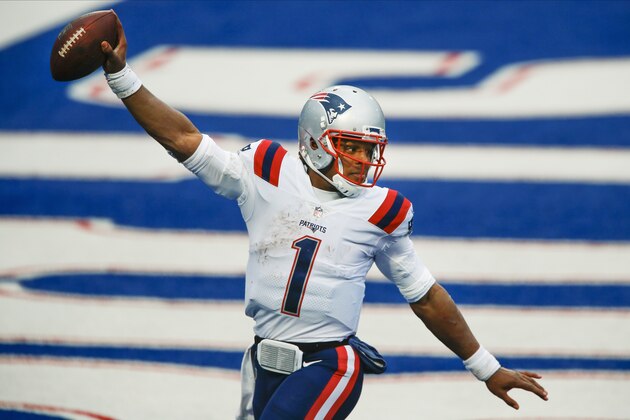 New England Patriots quarterback Cam Newton (1) reacts after rushing for a touchdown during the second half of an NFL football game against the Buffalo Bills Sunday, Nov. 1, 2020, in Orchard Park, N.Y. (AP Photo/John Munson)