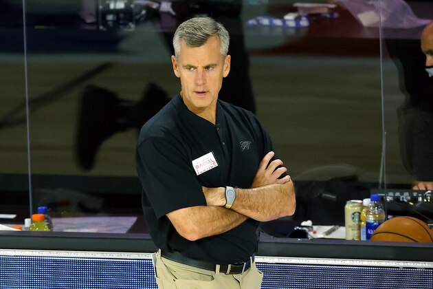Oklahoma City Thunder head coach Billy Donovan looks on during the first quarter of an NBA basketball game against the Phoenix Suns, Monday, Aug. 10, 2020, in Lake Buena Vista, Fla. (Mike Ehrmann/Pool Photo via AP)