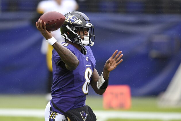 Baltimore Ravens quarterback Lamar Jackson throws a pass during the first half of an NFL football game against the Pittsburgh Steelers, Sunday, Nov. 1, 2020, in Baltimore. Steelers' linebacker Robert Spillane intercepted the pass and returned it for a touchdown. (AP Photo/Nick Wass)