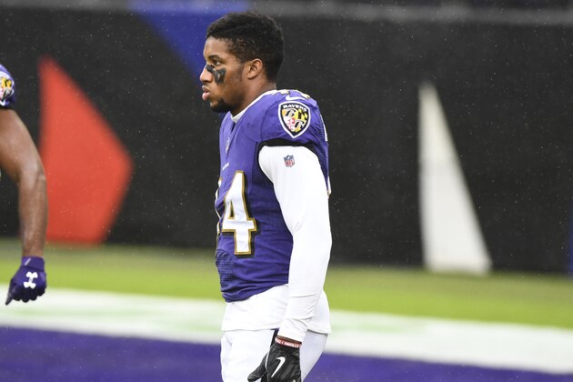 Baltimore Ravens cornerback Marlon Humphrey (44) looks on before an NFL football game against the Pittsburgh Steelers, Sunday, Nov. 1, 2020, in Baltimore. (AP Photo/Terrance Williams)