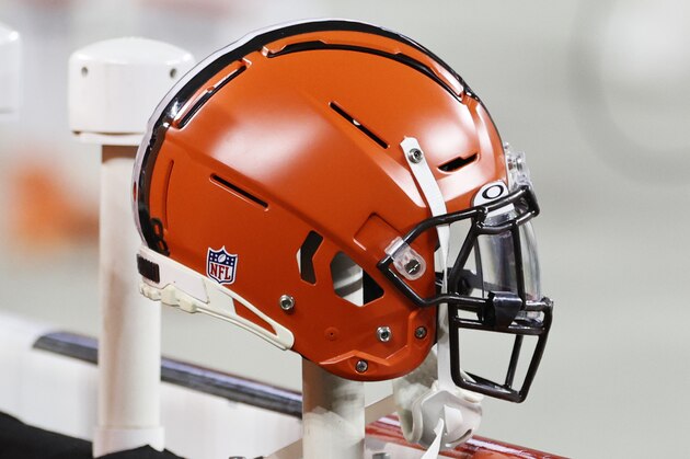 A Cleveland Browns helmet sits on the bench during the first half of an NFL football game against the Cincinnati Bengals, Thursday, Sept. 17, 2020, in Cleveland. (AP Photo/Ron Schwane)
