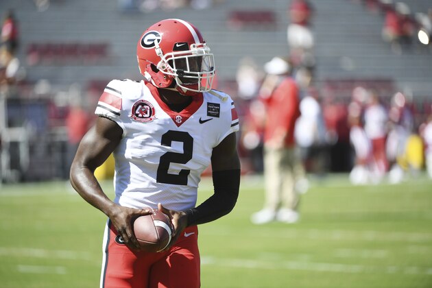 Georgia defensive back Richard LeCounte (2) warms up against Arkansas during an NCAA college football game in Fayetteville, Ark. Saturday, Sept. 26, 2020. (AP Photo/Michael Woods)