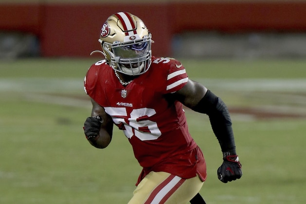 San Francisco 49ers outside linebacker Kwon Alexander (56) in action during an NFL football game against the Philadelphia Eagles, Sunday, Oct. 4, 2020, in Santa Clara, Calif. (AP Photo/Scot Tucker)