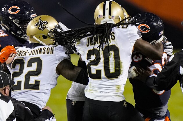 Chicago Bears wide receiver Javon Wims and New Orleans Saints cornerback Janoris Jenkins (20) fight in the second half of an NFL football game against the New Orleans Saints in Chicago, Sunday, Nov. 1, 2020. Wims was called for unnecessary roughness and was ejected from the game. (AP Photo/Nam Y. Huh)