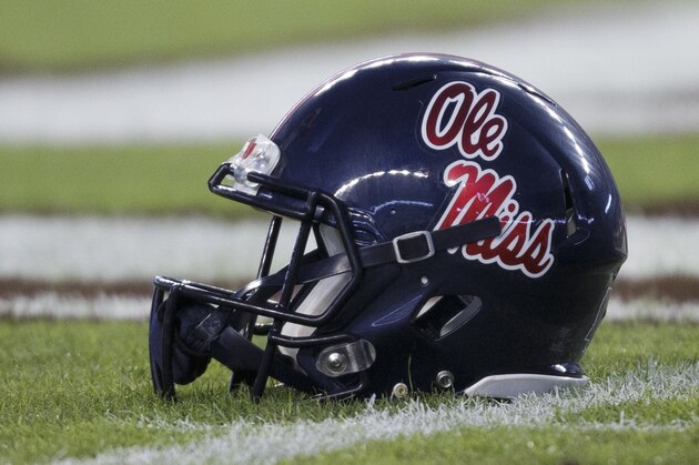 A Ole Miss’ player's helmet sits near the 50 yard line on Kyle Field before the start of an NCAA college football game against Texas A&M Saturday, Nov. 12, 2016, in College Station, Texas. (AP Photo/Sam Craft)