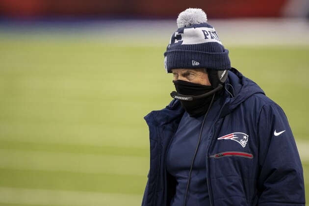New England Patriots head coach Bill Belichick watches game action against the Buffalo Bills during the second quarter of an NFL football game, Sunday, Nov. 1, 2020, in Orchard Park, N.Y. (AP Photo/Brett Carlsen)