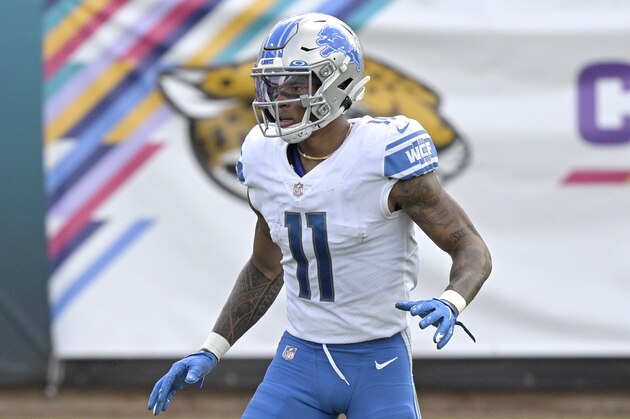 Detroit Lions wide receiver Marvin Jones (11) finishes a play against the Jacksonville Jaguars during the second half of an NFL football game, Sunday, Oct. 18, 2020, in Jacksonville, Fla. (AP Photo/Phelan M. Ebenhack)