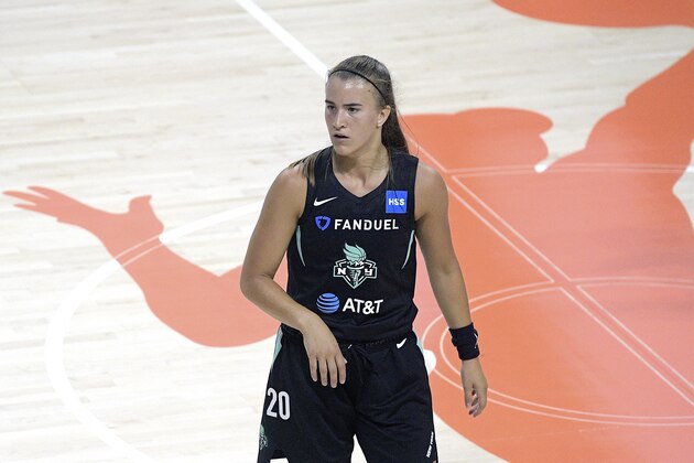 New York Liberty guard Sabrina Ionescu (20) sets up for a play during the first half of a WNBA basketball game against the Seattle Storm, Saturday, July 25, 2020, in Bradenton, Fla. (AP Photo/Phelan M. Ebenhack)