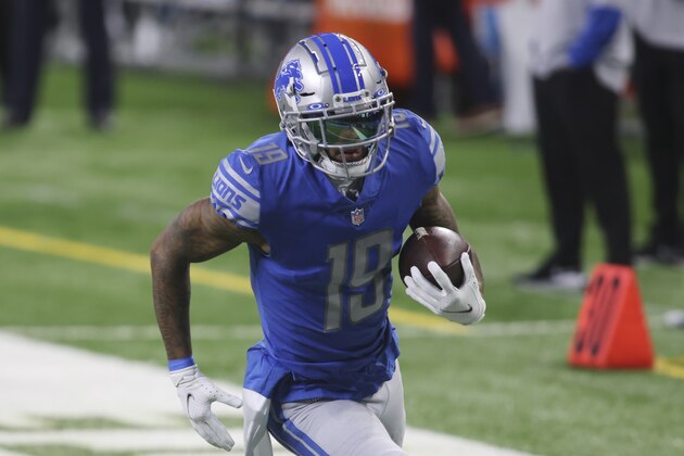 Detroit Lions wide receiver Kenny Golladay is seen during pregame of an NFL football game, Sunday, Nov. 1, 2020, in Detroit. (AP Photo/Tony Ding)