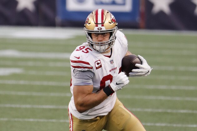 San Francisco 49ers tight end George Kittle runs the ball after a catch against the New England Patriots during an NFL football game at Gillette Stadium, Sunday, Oct. 25, 2020 in Foxborough, Mass. (Winslow Townson/AP Images for Panini)