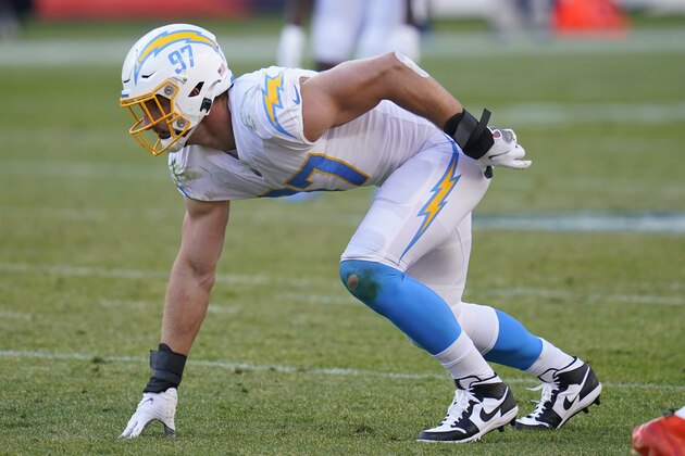 Los Angeles Chargers defensive end Joey Bosa (97) against the Denver Broncos during the first half of an NFL football game, Sunday, Nov. 1, 2020, in Denver. (AP Photo/David Zalubowski)