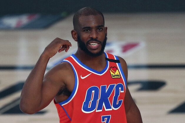 Oklahoma City Thunder guard Chris Paul (3) reacts against the Memphis Grizzlies during the second half of an NBA basketball game Friday, Aug. 7, 2020, in Lake Buena Vista, Fla. (Kim Klement/Pool Photo via AP)