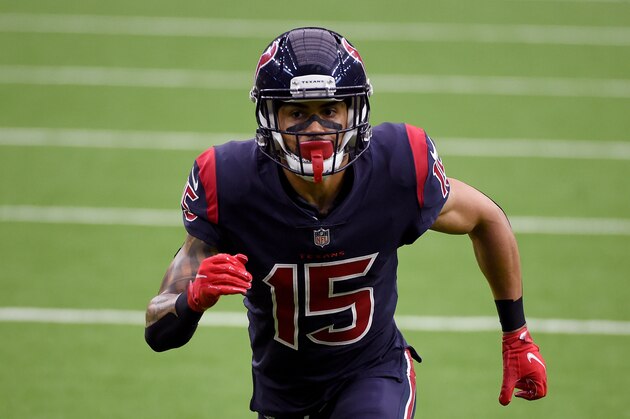 Houston Texans wide receiver Will Fuller V takes up his position during the second half of an NFL football game against the Houston Texans Sunday, Oct. 25, 2020, in Houston. (AP Photo/Eric Christian Smith)