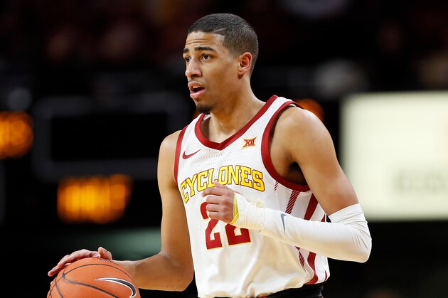 Iowa State guard Tyrese Haliburton drives up court during the first half of an NCAA college basketball game against Oklahoma State, Tuesday, Jan. 21, 2020, in Ames, Iowa. (AP Photo/Charlie Neibergall)