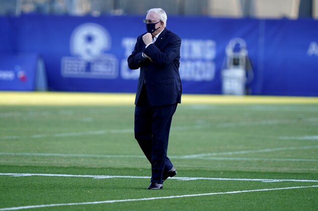 Dallas Cowboys owner Jerry Jones walks the field during a visit to watch NFL football practice in Frisco, Texas, Friday, Aug. 21, 2020. (AP Photo/LM Otero)