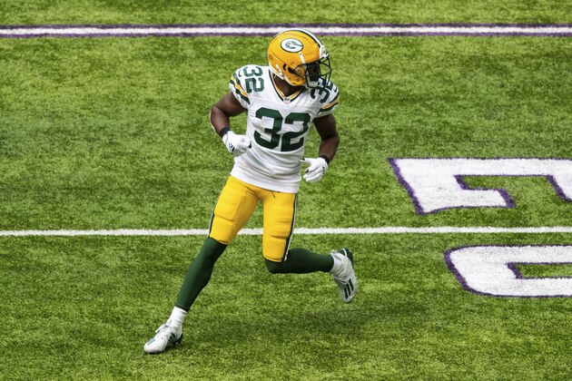 Green Bay Packers running back Tyler Ervin (32) in action in the second quarter during an NFL football game against the Minnesota Vikings, Sunday, Sept. 13, 2020, in Minneapolis. (AP Photo/David Berding)