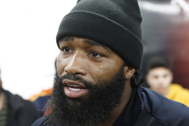 FILE - In this Jan. 9, 2019, file photo, boxer Adrien Broner takes questions from the media at the Ten Goossen boxing gym in Van Nuys, Calif. An Ohio judge awarded $830,000 to a woman who claimed Broner sexually assaulted her at a Cleveland nightclub. The default judgement was delivered Tuesday, Dec. 17, 2019, after Broner failed to defend himself in the lawsuit. (AP Photo/Damian Dovarganes, File)