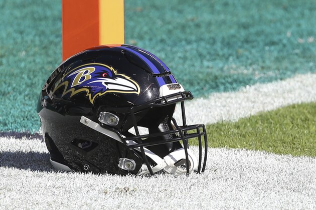 A Baltimore Ravens' helmet on the field before an NFL football game against the Philadelphia Eagles, Sunday, Oct. 18, 2020, in Philadelphia. The Ravens defeated the Eagles 30-28. (AP Photo/Rich Schultz)
