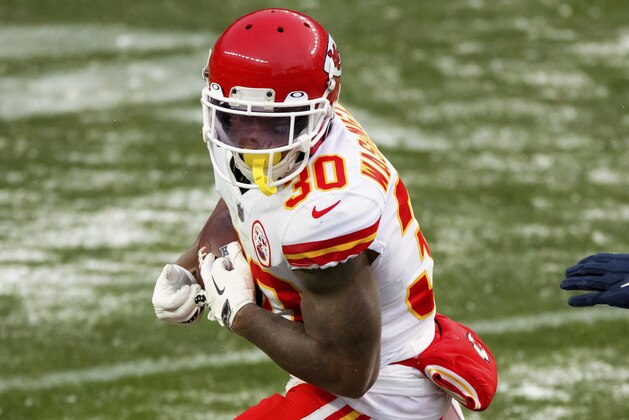 Kansas City Chiefs running back DeAndre Washington (30) runs with the football against the Denver Broncos during the second half of an NFL football game, Sunday, Oct.. 25, 2020, in Denver. (AP Photo/Justin Edmonds)