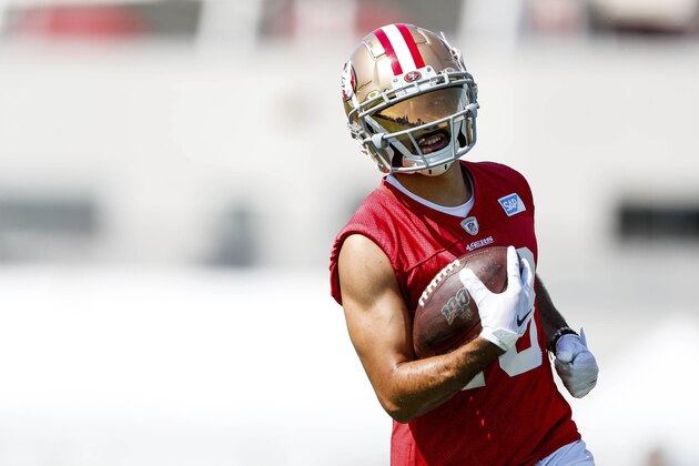 San Francisco 49ers' Dante Pettis (18) runs with the ball after a catch during practice at Levi's Stadium in Santa Clara, Calif., on Sunday, Aug. 16, 2020. (Randy Vazquez/ Bay Area News Group, Pool)