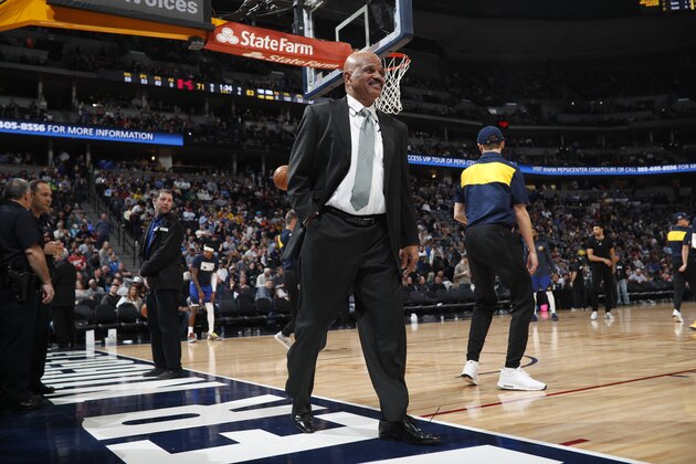 Houston Rockets player development director John Lucas in the second half of an NBA basketball game Friday, Feb. 1, 2019, in Denver. The Nuggets won 136-122.(AP Photo/David Zalubowski)