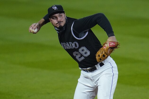 Colorado Rockies third baseman Nolan Arenado (28) in the seventh inning of a baseball game Saturday, Sept. 19, 2020, in Denver. (AP Photo/David Zalubowski)