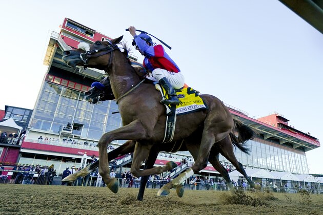FILE - In this Oct. 3, 2020, file photo, Swiss Skydiver (4), with Robby Albarado aboard, wins the 145th Preakness Stakes horse race at Pimlico Race Course in Baltimore. Obscured behind Swiss Skydiver is Authentic, ridden by John Velazquez. Kentucky Derby winner Authentic heads a field of 11 horses, possibly including filly and Preakness winner Swiss Skydiver against males, for the Breedersâ€™ Cup Classic, with trainer Bob Baffert entering three horses in the $6 million race that includes Belmont winner Tiz the Law. (AP Photo/Steve Helber, File)