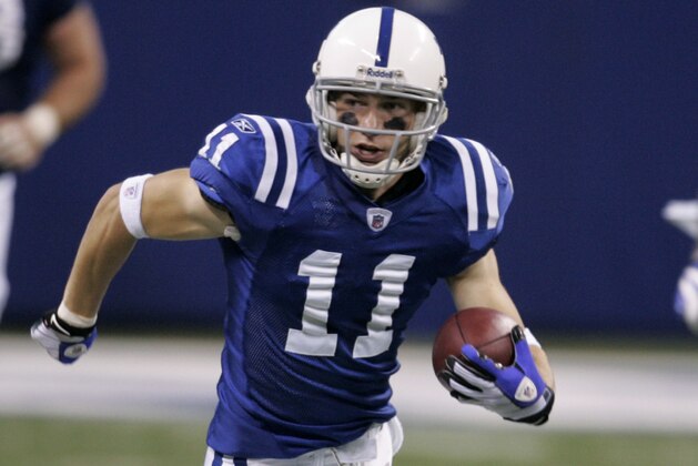 Indianapolis Colts wide receiver Anthony Gonzalez (11) runs after a catch during an NFL football game against the Houston Texans in Indianapolis, Sunday, Nov. 16, 2008. (AP Photo/Darron Cummings)